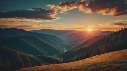 Obraz premium panoramic view of colorful sunrise in mountains filtered image cross processed vintage effect Beautiful Grass