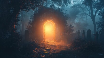 Fototapeta premium Mysterious Glowing Doorway in Foggy Surroundings
