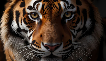 Obraz premium Majestic tiger face with intense gaze in dramatic close-up portrait