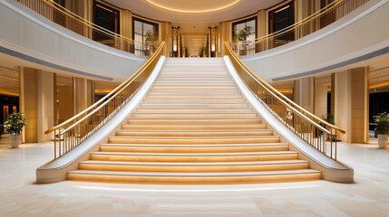 Fototapeta premium Grand bank lobby with sweeping staircase, ornate railings, plush carpet, prestigious bank interior, elegant financial space