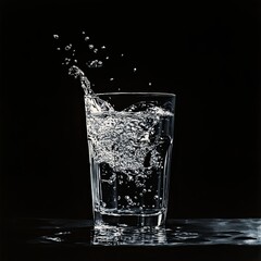 Transparent glass of clear water which splashing out on the dark background