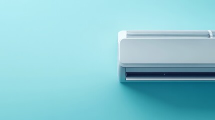A modern air conditioning unit is mounted seamlessly against a soft pastel blue background, showcasing its sleek and minimalist design for contemporary interiors