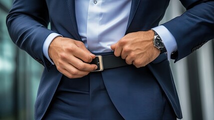 A man adjusting his belt in a sophisticated business suit, showcasing elegance and professional style for corporate settings.