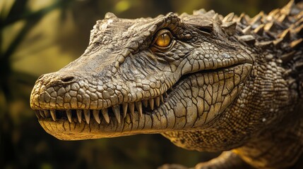 Obraz premium The model of a crocodile-like dinosaur showcases intricate details against a vibrant natural backdrop, highlighting its lifelike textures and captivating design