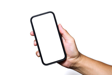 Hand holding smartphone on white background. QR code payment concept. Digital money payment.