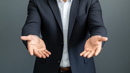 A man in a suit extending his hands forward, conveying invitation, openness, and professionalism in a neutral background.