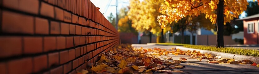 Autumn street scene with colorful leaves and a brick wall in the foreground.