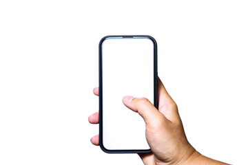 Close up of hand holding modern smart phone mockup. New modern black frameless smartphone mockup with blank white screen. Isolated on white background high quality studio shot Modern smart.
