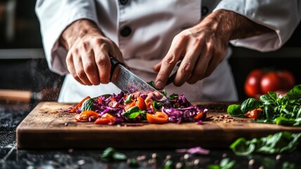 Chef chopping fresh vegetables on a wooden cutting board in the kitchen