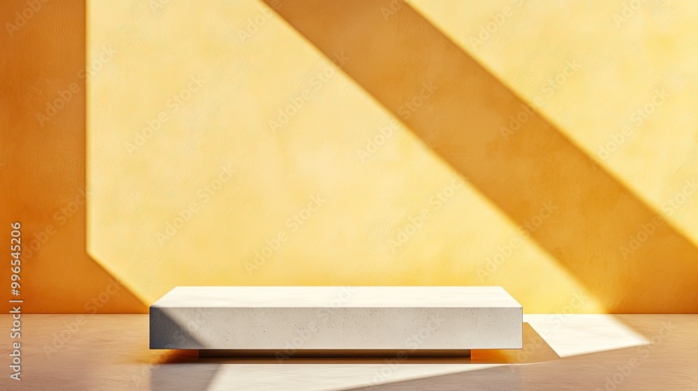 Poster a minimalist display with a white platform and a warm yellow wall, creating a modern and inviting at