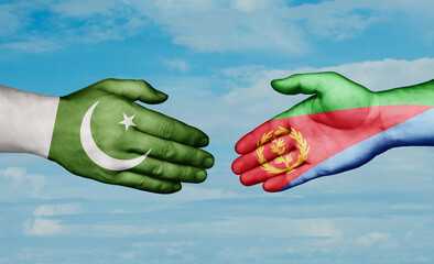 Eritrea and Pakistan country handshaking with flags, consensus concept international co-operation illustration