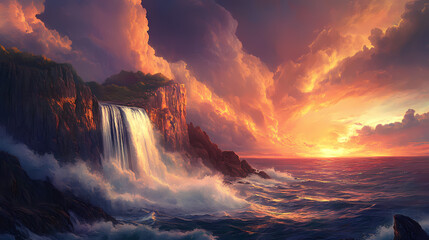 Fototapeta premium Majestic waterfall plunging from a rocky cliff into a stormy ocean, illuminated by a vibrant sunset casting warm hues across the dramatic sky. Rocky Cliff. Illustration