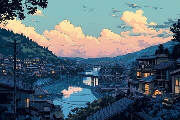 Obraz premium A Japanese Village with a River and Mountains Under a Cloudy Sky