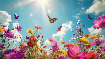 A field of flowers with a butterfly flying above them