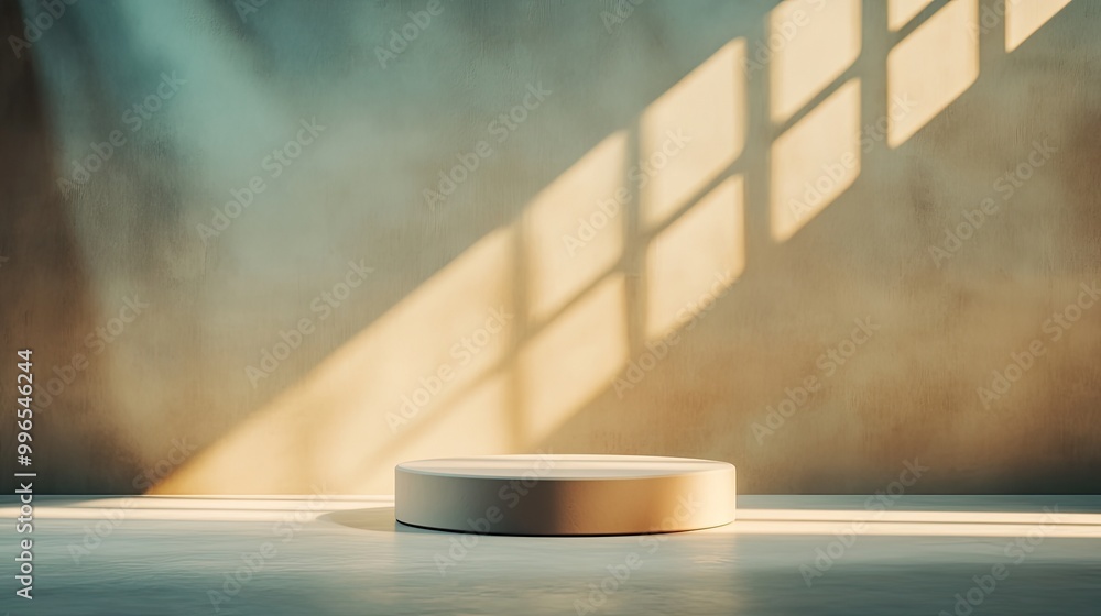 Poster a minimalistic display platform softly illuminated by natural light, ideal for showcasing products o