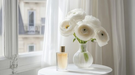 A branch of flowers in a glass vase and cosmetics products on a white table. Interior decoration. Home decor in an elegant style.