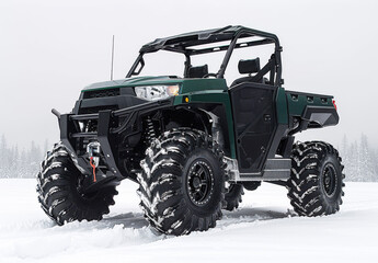 Dark green all-terrain vehicle with black accents, front view against a white backdrop