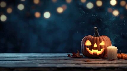 Halloween pumpkin with glowing face and candle on rustic wooden table, festive atmosphere.