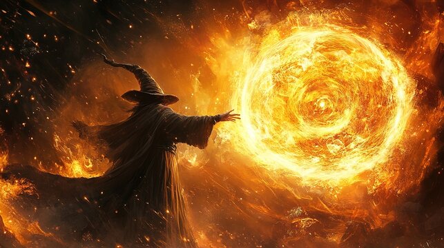 A powerful wizard conjures fire magic in a mystical forest at dusk, showcasing mastery of elemental forces and sorcery
