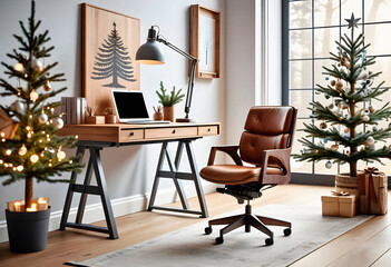 Fototapeta premium An office interior featuring a traditional wooden desk with christmas decoration and new year tree. AI generated.