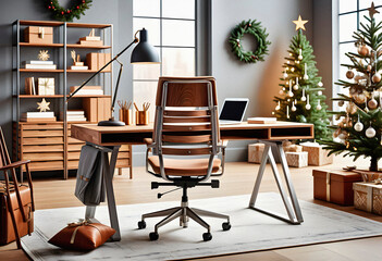 An office interior featuring a traditional wooden desk with christmas decoration and new year tree. AI generated.