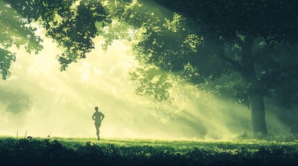 Misty Morning Jog: Man Running in Foggy Park