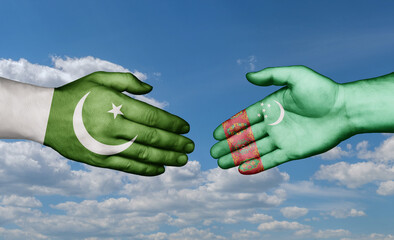 Turkmenistan and Pakistan country handshaking with flags, consensus concept international co-operation illustration