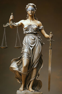 Lady justice statue depicted in classical attire, holding scales and a sword. the blindfold represents impartiality, embodying justice and fairness. ideal for legal themes, design, and art.