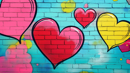 Pop art comic street graffiti with hearts on colorful brick wall.