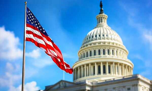 American flag waving in the wind with the US Capitol building standing majestically in the background