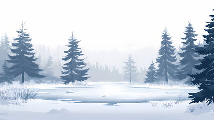 Naklejka premium Minimalist winter scene snowcovered trees and a frozen lake. Frozen Lake. Illustration