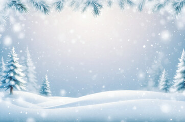 Winter landscape background. Snowing forest with fir trees on a snowy day.