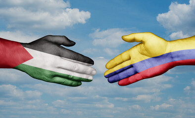 Colombia and Palestine and Gaza strip country handshaking with flags, consensus concept international co-operation illustration