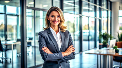 A professional woman in a tailored suit smiling confidently, standing in a modern office.