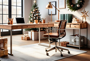 An office interior featuring a traditional wooden desk with christmas decoration and new year tree. AI generated.