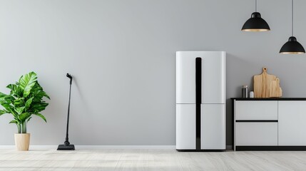Modern kitchen interior with fridge, plant, and elegant decor in minimalist style.