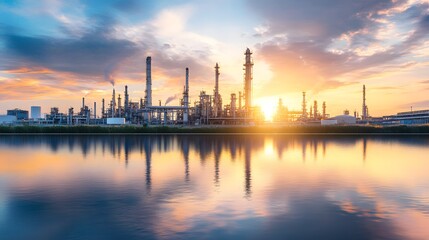 An oil refinery and petrochemical plant positioned on a riverbank, reflecting in the water.