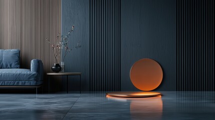 Modern interior featuring a stylish couch and decorative elements, serene atmosphere.