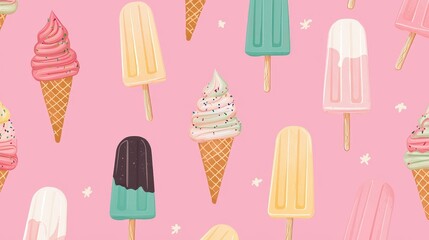 Colorful ice cream and popsicle pattern on pink background.