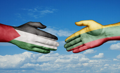 Lithuania and Palestine and Gaza strip country handshaking with flags, consensus concept international co-operation illustration