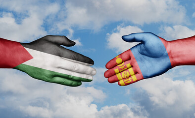 Mongolia and Palestine and Gaza strip country handshaking with flags, consensus concept international co-operation illustration