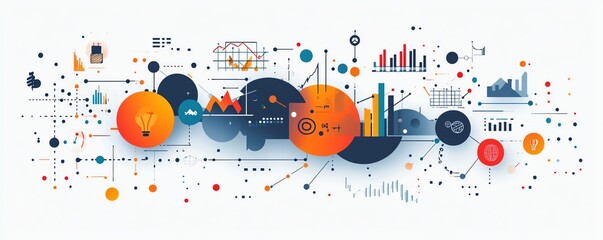 Obraz premium Innovative technology icons with business graphs, modern tech concept, vector design, isolated on white background