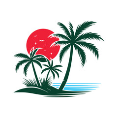 Beach with Palm tree sun and birds. Sunset