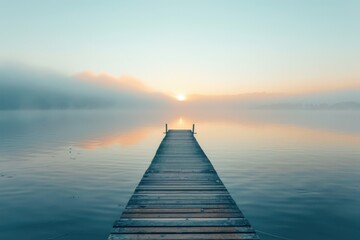 Fototapeta premium A foggy lake with a wooden pier and a dock, generative ai image