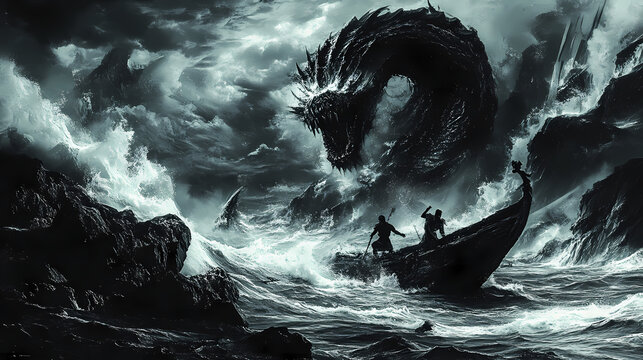 Navigating the perilous waters: odysseus braving scylla and charybdis. Greek Mythology. Illustration