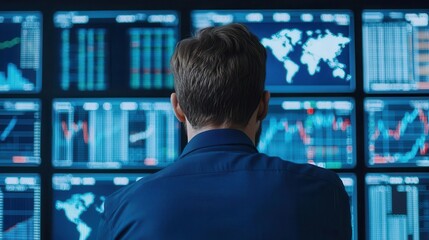 Fototapeta premium Investor presenting global financial strategy, digital screens with stock indices, global business presentation, capital investment
