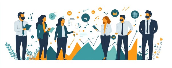 Leadership team strategizing corporate growth, business icons and graphs, flat design, isolated on white background