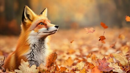 Fox in autumn leaves, natural habitat, warm colors.
