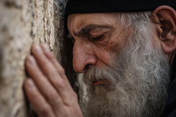 Elderly Jewish man in deep prayer at Jerusalem's Western Wall
