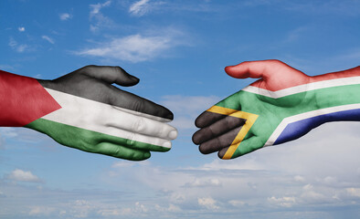 South Africa and Palestine and Gaza strip country handshaking with flags, consensus concept international co-operation illustration